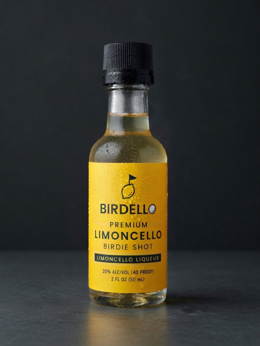 Birdello — a premium limoncello birdie shot, 50 mL studio product photo