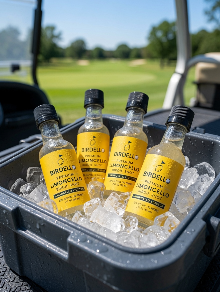 Birdello premium limoncello birdie shots on ice in a golf cart cooler
